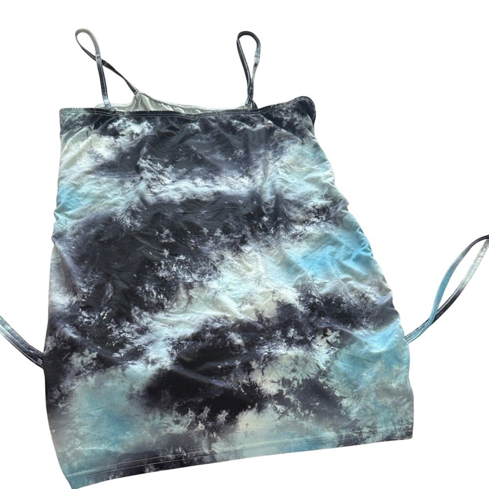 SHEIN Blue Black Tie Dye Ruched Side‎ Bodycon Mini Dress Cami Straps Womens XL